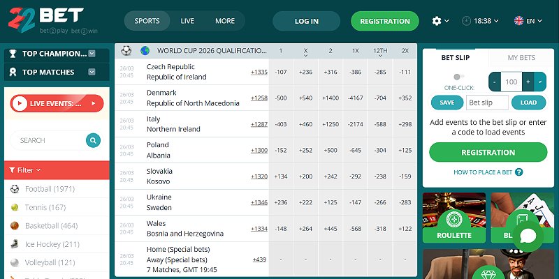 22bet – skärmdump av sportsboken